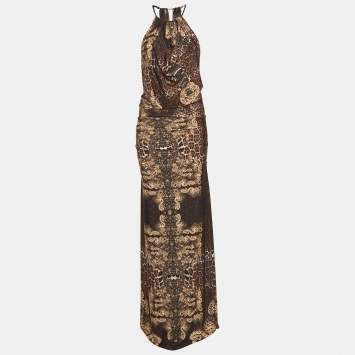 Pre Owned Roberto Cavalli Brown Animal Print Jersey Halter Neck Ruched Maxi Dress S