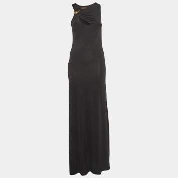 مملوكة مسبقًا Roberto Cavalli Black Jersey Snake Buckle Detail Sleeveless Maxi Dress M