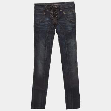 Pre Owned Roberto Cavalli Navy Blue Faded Denim Lace-Ip Detail Jeans S Waist 27''