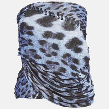Pre Owned Roberto Cavalli Blue Leopard Print Ruched Strapless Top S