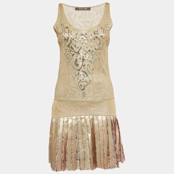 Pre Owned Roberto Cavalli Gold Knit and Silk Sequin Embellished Pleated Dress S