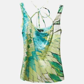Pre Owned Roberto Cavalli Multicolor Print Stretch Silk Sleeveless Top S