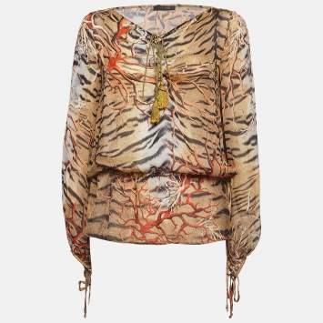 Pre Owned Roberto Cavalli Multicolor Animal Print Silk Lace Up Semi Sheer Blouse S   