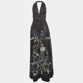 مملوكة مسبقًا Roberto Cavalli Black Floral Print Cotton Halter Neck Gown M