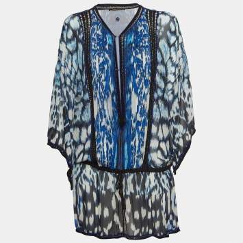 Pre Owned Roberto Cavalli Blue Printed Lace Trim Silk Tie-Up Waist Blouse S