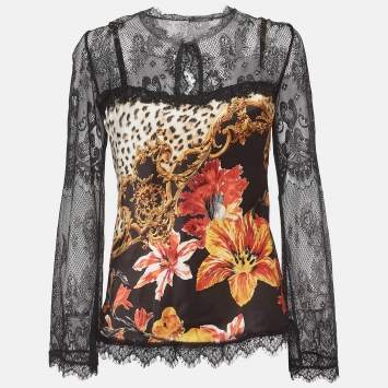 Pre Owned Roberto Cavalli Black Floral Print Lace Trim Satin Crochet Blouse L