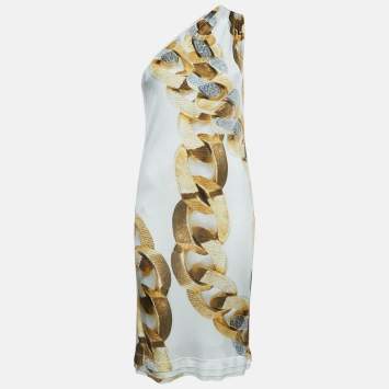 Pre Owned Roberto Cavalli White Chain Print Jersey One Shoulder Midi Dress M