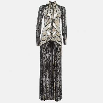Pre Owned Roberto Cavalli Black and Metallic Patterned Knit Long Dress S