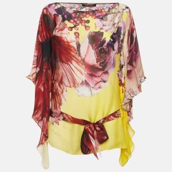 Pre Owned Roberto Cavalli Yellow Floral Print Silk Kaftan Top S
