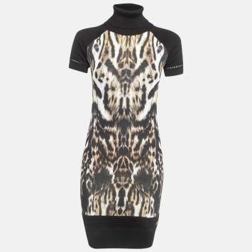 Pre Owned Roberto Cavalli Black Animal Print Knit Turtleneck Sweater Dress S