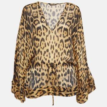 Pre Owned Roberto Cavalli Brown Leopard Print Silk Kaftan Blouse M