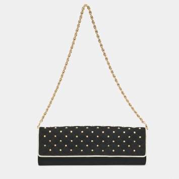 Pre Owned Roberto Cavalli Black Suede Studded Long Chain Clutch