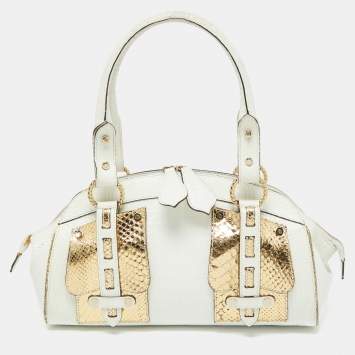 Pre Owned Roberto Cavalli White/Gold Croc Embossed Leather and Snakeskin Satchel