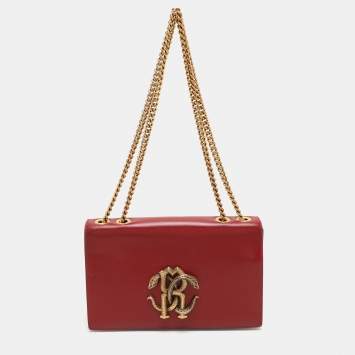Roberto Cavalli レザーショルダーバッグ Blue Shoulder Bag with Mirror Snake Monogram in BLUETTE for