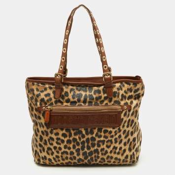 Pre Owned Roberto Cavalli Brown Leopard Print Straw and Leather Front Zip Tote