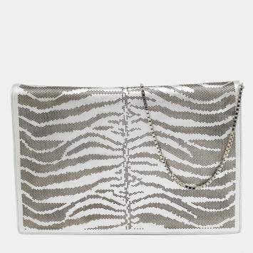 Roberto Cavalli Silver Perforated Zebra Effect Leather Chain Flap Clutch