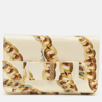 Roberto Cavalli Gold Chainlink Print Fabric Bow Clutch