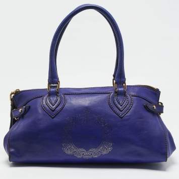Pre Owned Roberto Cavalli Dark Blue Leather Logo Embossed Satchel