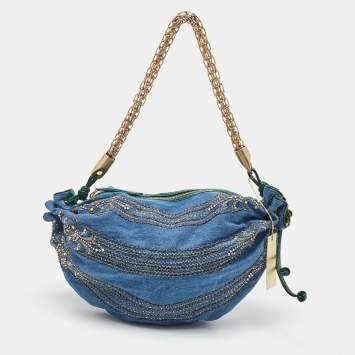 Pre Owned Roberto Cavalli Blue/Green Denim and Patent Leather Embellished Chain Hobo