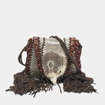 Pre Owned Roberto Cavalli Dark Brown/White Suede, Snakeskin and Crocodile Fringe Crossbody Bag