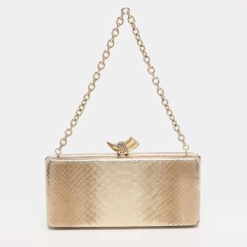 Pre Owned Roberto Cavalli Gold Python Embossed Leather Box Chain Clutch