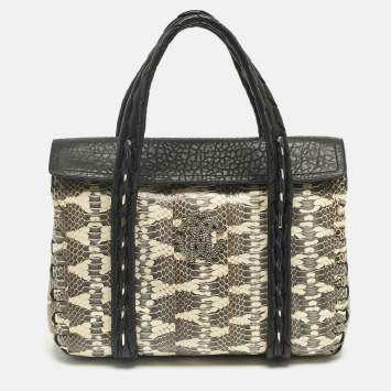 Pre Owned Roberto Cavalli Black/Cream Watersnake and Leather RC Flap Tote