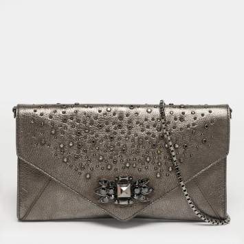 Pre Owned Roberto Cavalli Crystal Embellished Metallic Grey Leather Chain Clutch