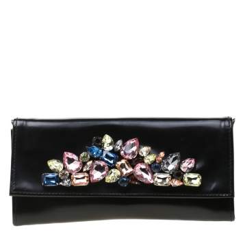 Pre Owned Roberto Cavalli Black Crystal Embellished Leather Chain Clutch 