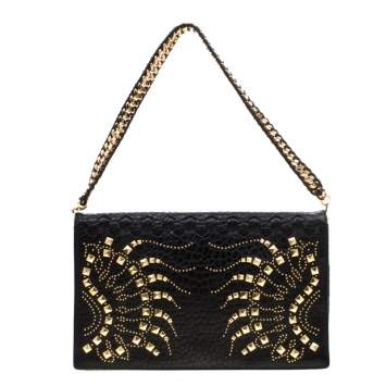 Pre Owned Roberto Cavalli Black Leather Studded Regina Chain Clutch Bag
