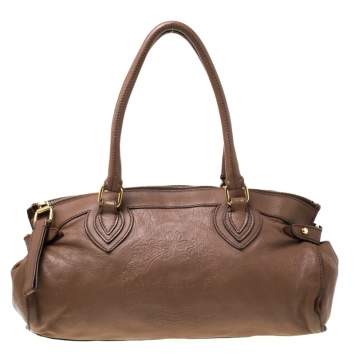 Pre Owned Roberto Cavalli Brown Logo Embossed Leather Satchel 