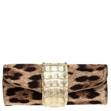 Pre Owned Roberto Cavalli Brown Leopard Print Satin and Leather Clutch