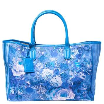 Pre Owned Roberto Cavalli Blue Floral Print Canvas and Leather Tote