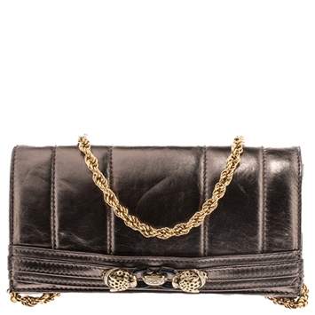 Pre Owned Roberto Cavalli Metallic Lion Head Embellished Leather Flap Chain Clutch