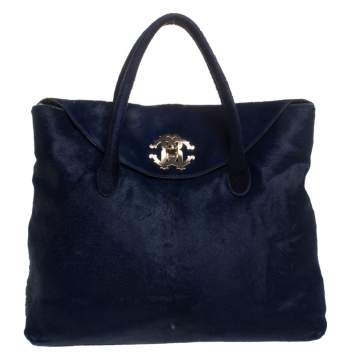 Pre Owned Roberto Cavalli Navy Blue Ponyhair Satchel