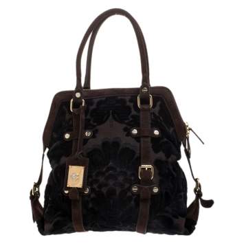 Pre Owned Roberto Cavalli Brown/Black Velvet and Suede Buckle Satchel