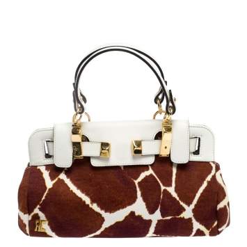 Pre Owned Roberto Cavalli Brown/White Printed Canvas and Leather Satchel