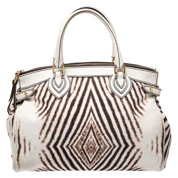 Pre Owned Roberto Cavalli Cream/Brown Zebra Print Canvas and Leather Satchel