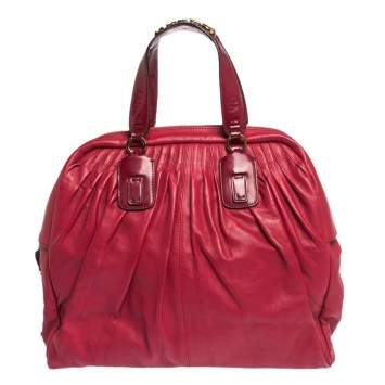 Pre Owned Roberto Cavalli Red Pleated Leather Chain Detail Handle Satchel
