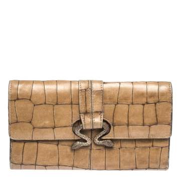 Pre Owned Roberto Cavalli Caramel Brown Crocodile Embossed Leather Double Snake Flap Wallet
