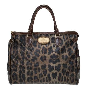 Pre Owned Roberto Cavalli Metallic Green/Brown Leopard Print Coated Canvas and Leather Zip Satchel
