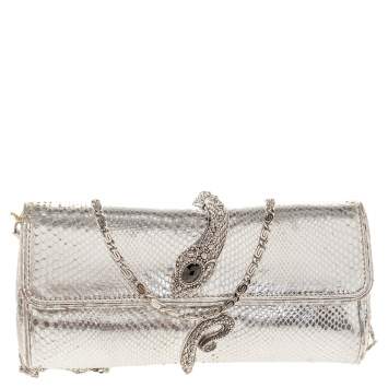 Pre Owned Roberto Cavalli Metallic Silver Snakeskin Serpent Chain Clutch