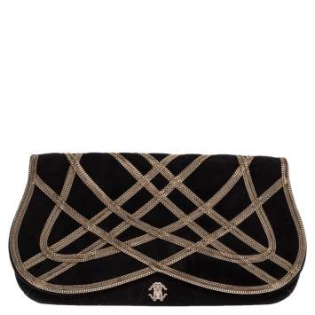 Pre Owned Roberto Cavalli Black Suede Chain Detail Clutch
