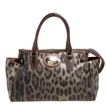 Pre Owned Roberto Cavalli Green/Brown Leopard Print Coated Canvas Zip Satchel