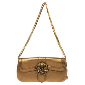Pre Owned Roberto Cavalli Gold Leather Snake Metal Flap Baguette Shoulder Bag