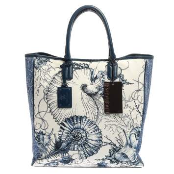 Pre Owned Roberto Cavalli Blue/White Printed Canvas and Leather Shopper Tote