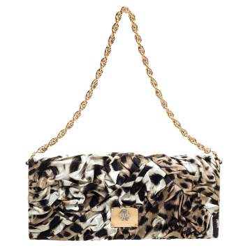 Pre Owned Roberto Cavalli Brown/Black Leopard Print Satin Pleated Chain Clutch