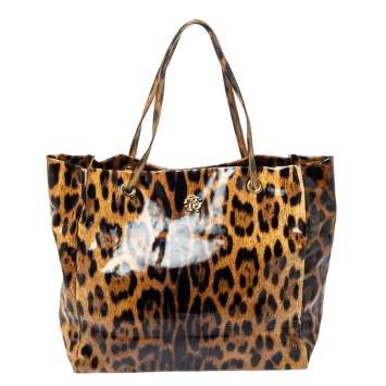 Pre Owned Roberto Cavalli Brown/Black Leopard  Print Patent Leather Tote