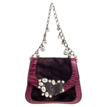 Pre Owned Roberto Cavalli Purple Fur and Croc Embossed Leather Pearl Embellished  Chain Clutch