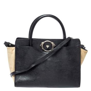 Pre Owned Roberto Cavalli Black/Beige Leather And Suede Lion Head Lock Tote   