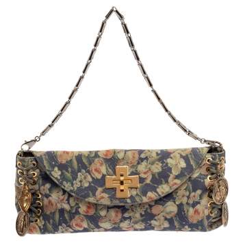 Pre Owned Roberto Cavalli Multicolor Floral Print Suede Turnlock Flap Shoulder Bag